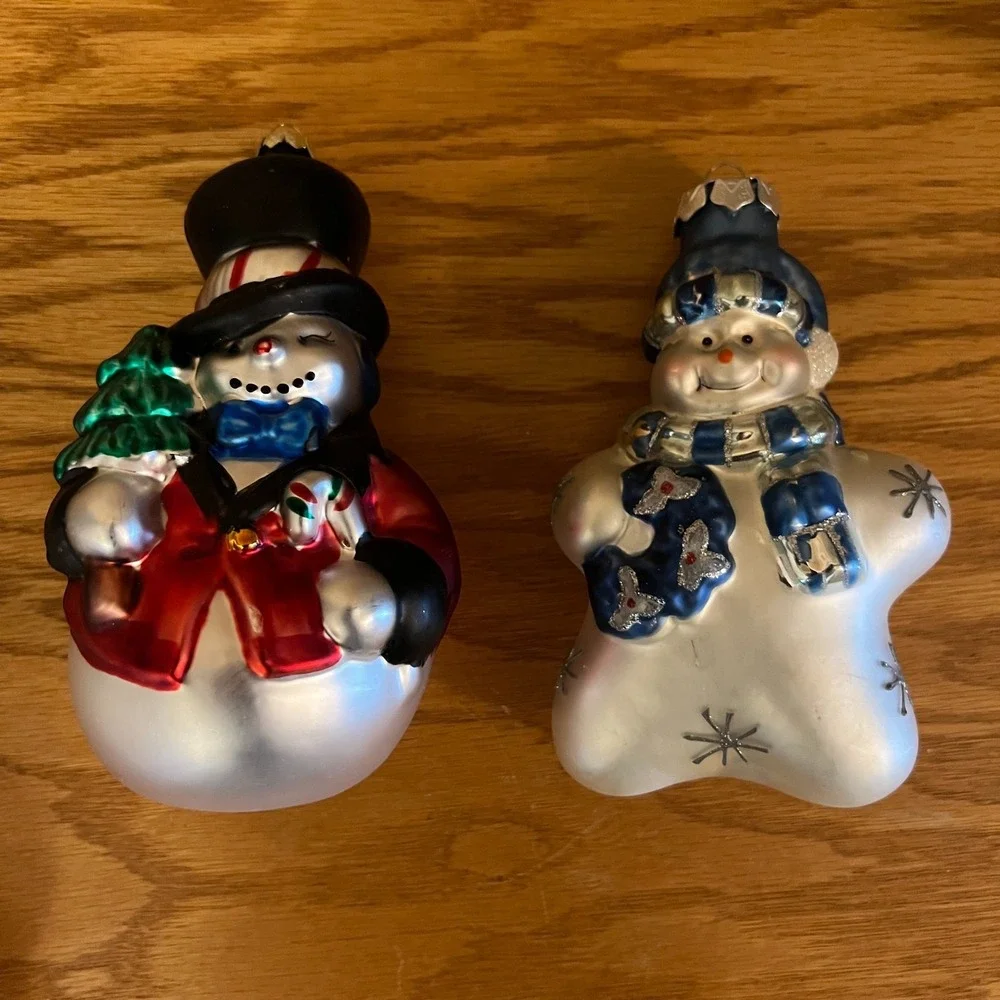 Vintage Snowman Christmas Ornaments Hand Blown Painted Glass Holiday Lot Of 2